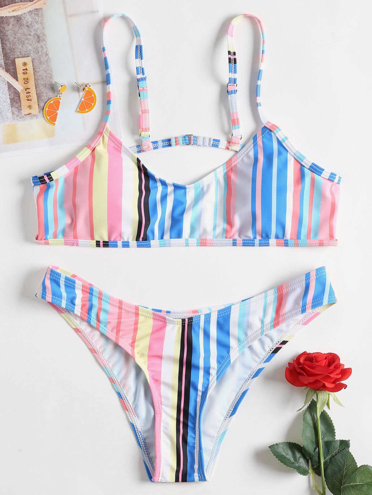 Fancy Striped Thong Cami Strap Bikini  