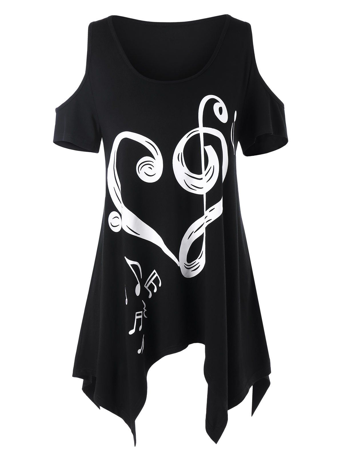 

Asymmetrical Musical Notes Heart Cold Shoulder T-shirt, Black