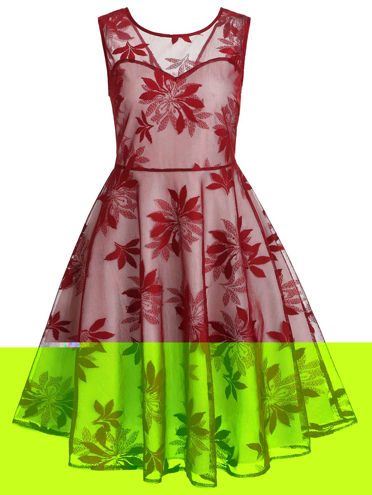 

Leaf Jacquard Sleeveless Vintage Dress, Red wine