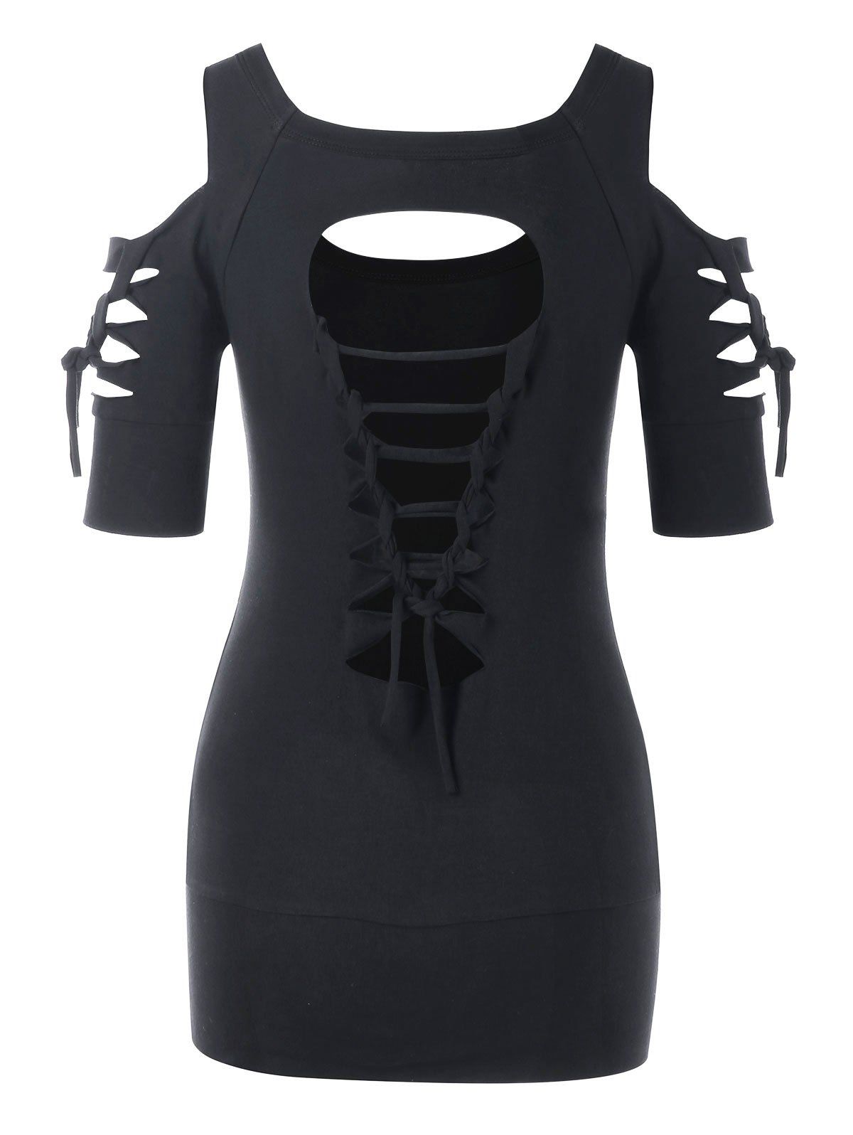 

Cold Shoulder Shredding Lace Up T-shirt, Black