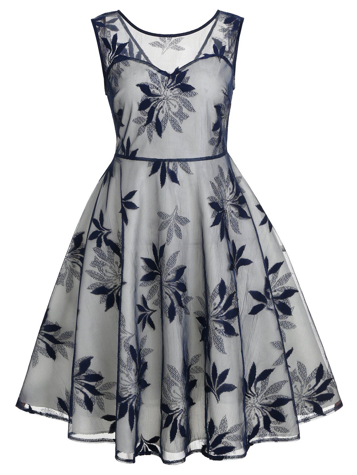 

Leaf Jacquard Sleeveless Vintage Dress, Dark slate blue