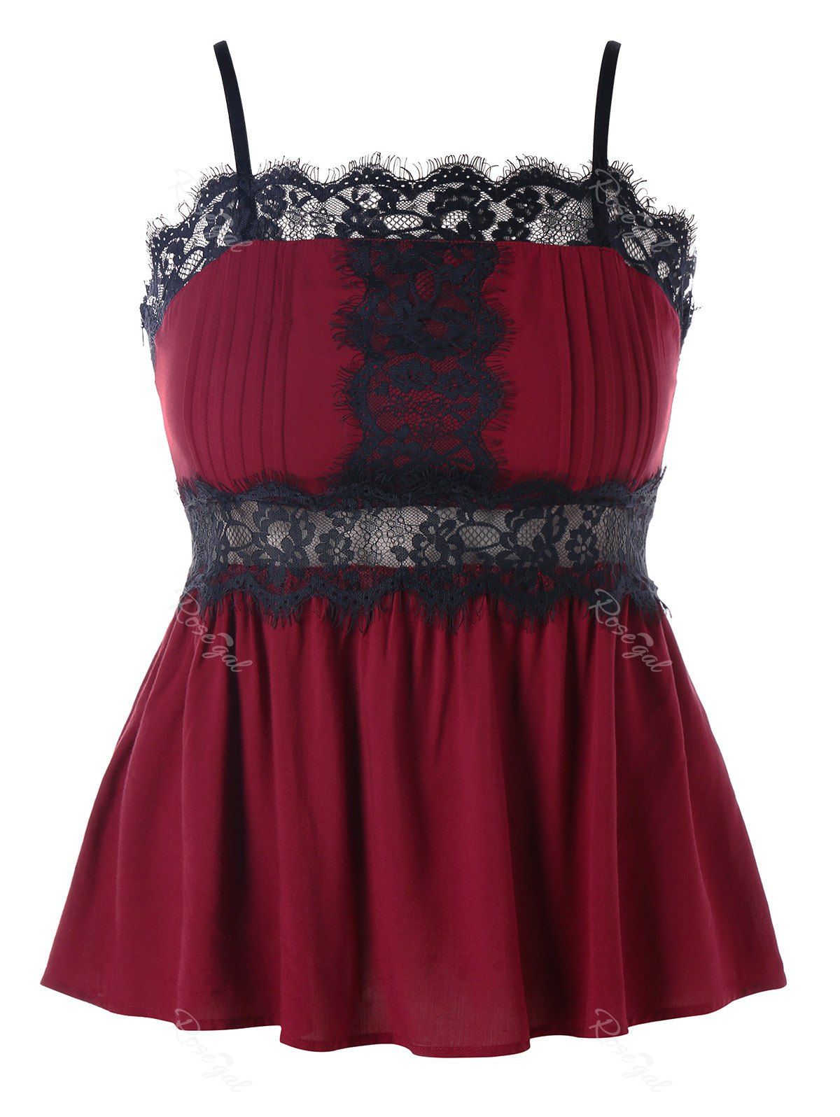 

Plus Size Lace Trim Pintuck Cami Tank Top, Wine red