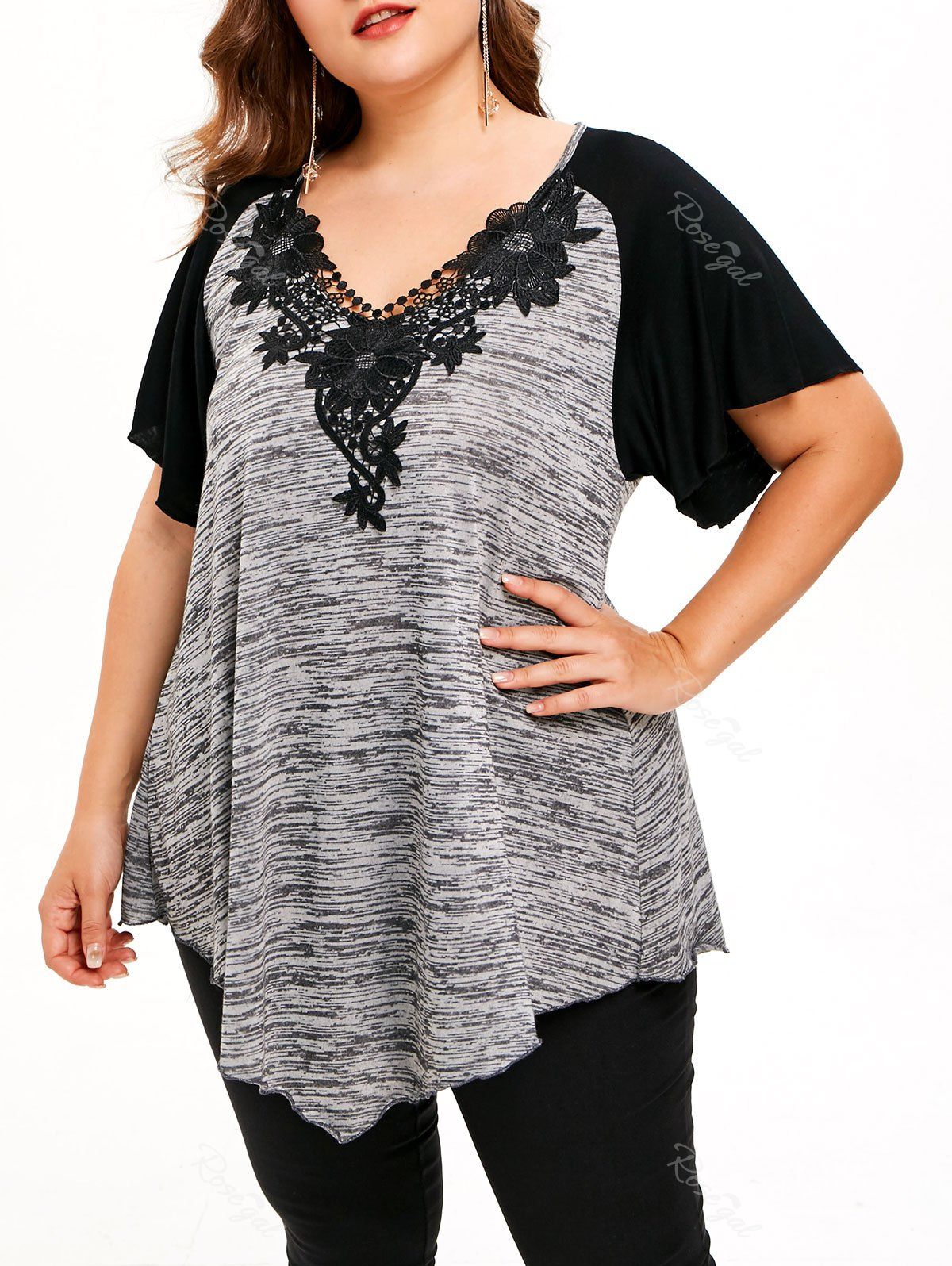

Flower Lace Plus Size Raglan Sleeve T-shirt, Light gray