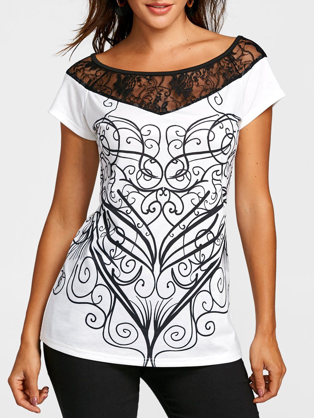 

Lace Panel Short Sleeve Print T-shirt, White