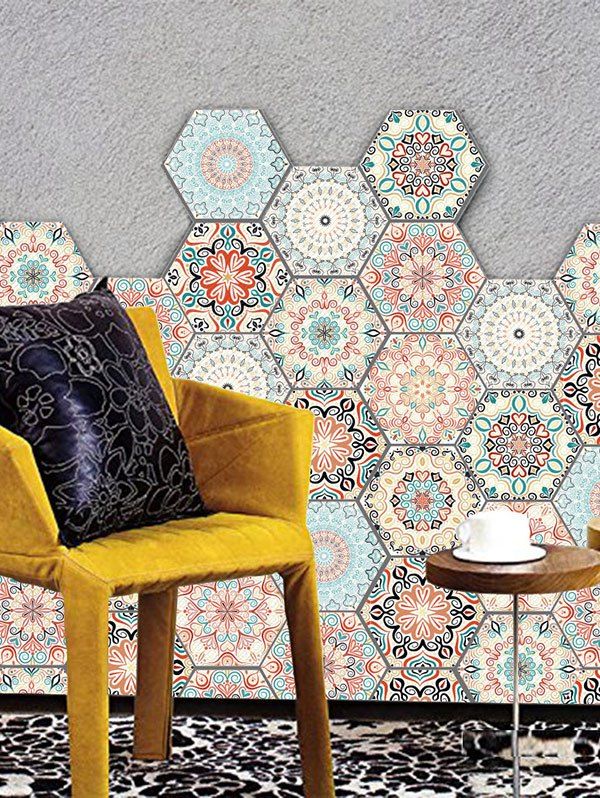 

10 Pcs Vintage Bohemian Pattern Hexagon Wall Floor Stickers Decal, Multi