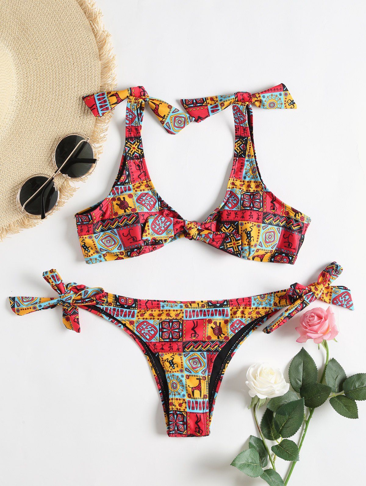 

Knot Printed Low Waist Bikini, Red