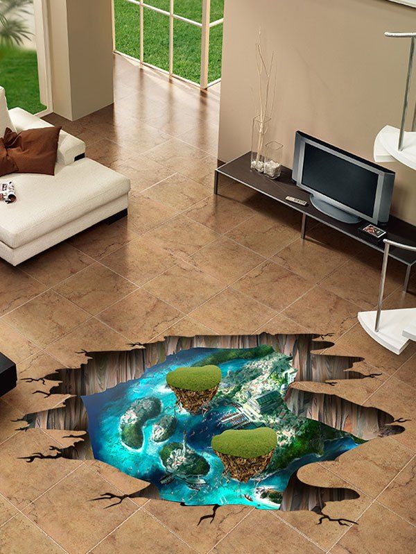 

Ocean Island Print 3D Broken Floor Sticker for Living Room, Multi
