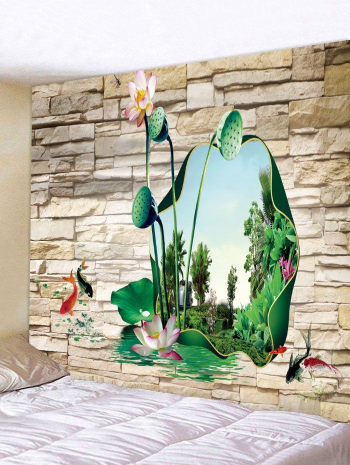 

Stone Wall Fish Lotus Print Wall Art Tapestry, Multi