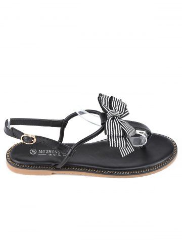 T Strap Bowknot PU Leather Flat Heel Sandals - Black - 36 T Strap Bowknot PU Leather Flat Heel Sandals - Black - 36