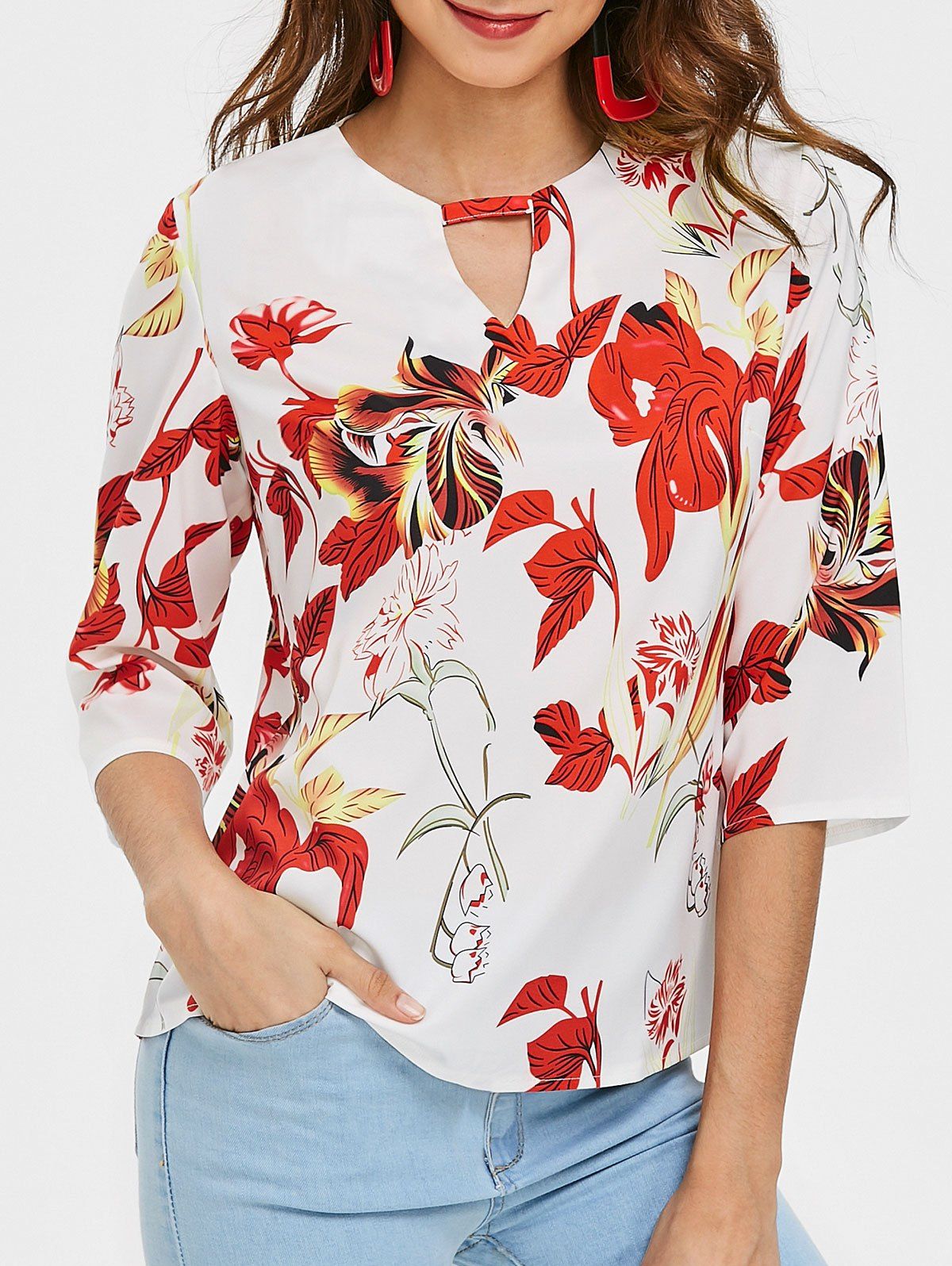 

Floral Print Keyhole Neck Blouse, Colormix