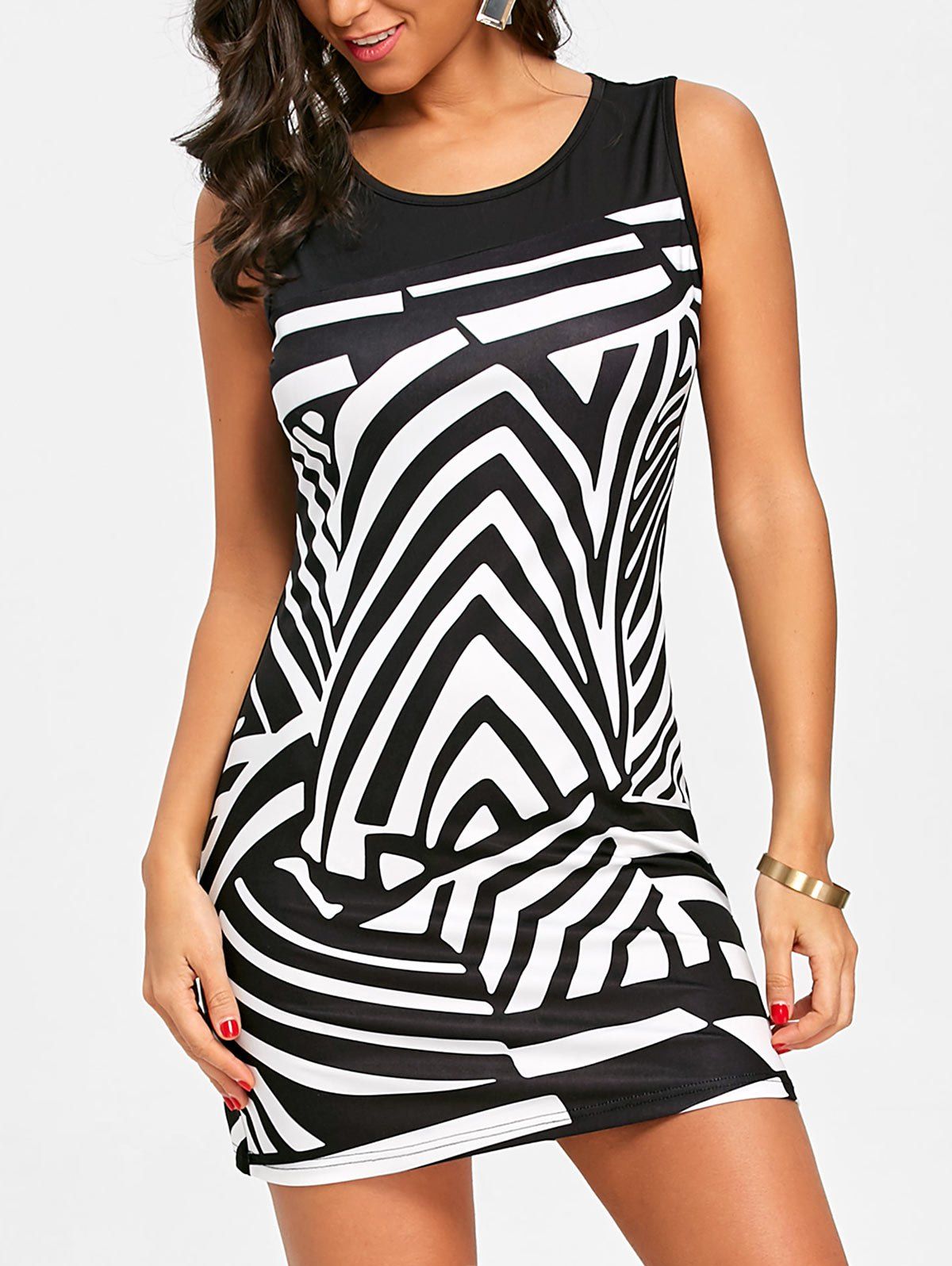 

Abstract Geometric Print Sleeveless Dress, Black