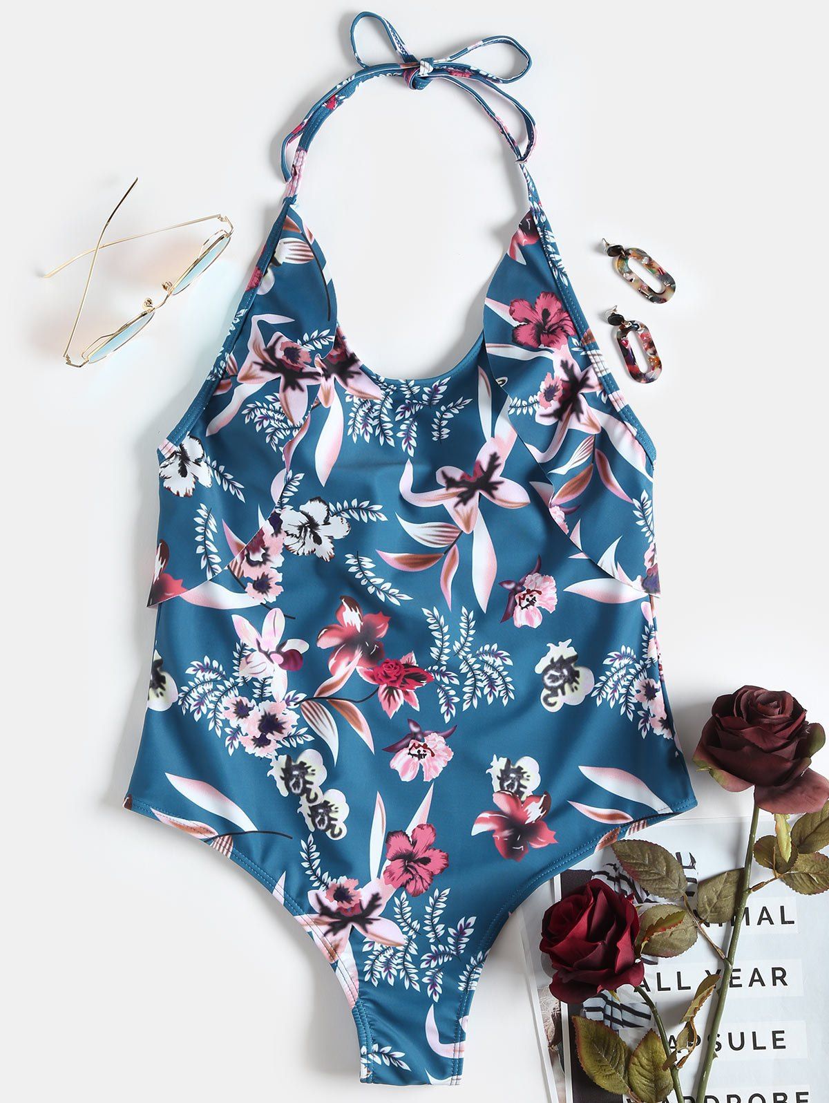 

Low Back Floral Ruffled Swimsuit, Blue green