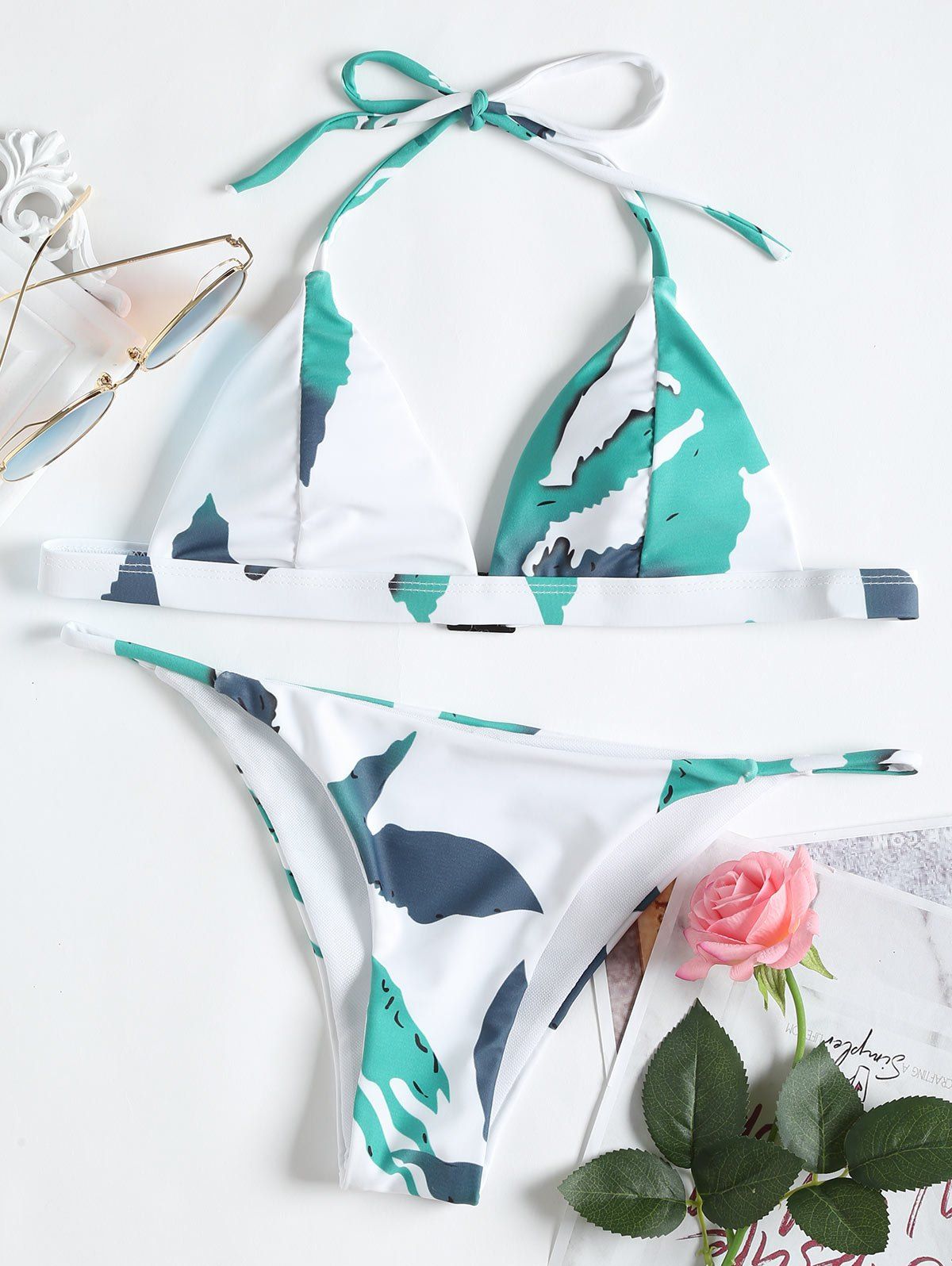 

String Halter Printed Bikini, White