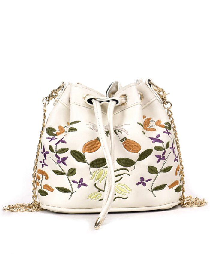 Embroidery Drawstring Crossbody Bag With Chain Strap Embroidery Drawstring Crossbody Bag With Chain Strap