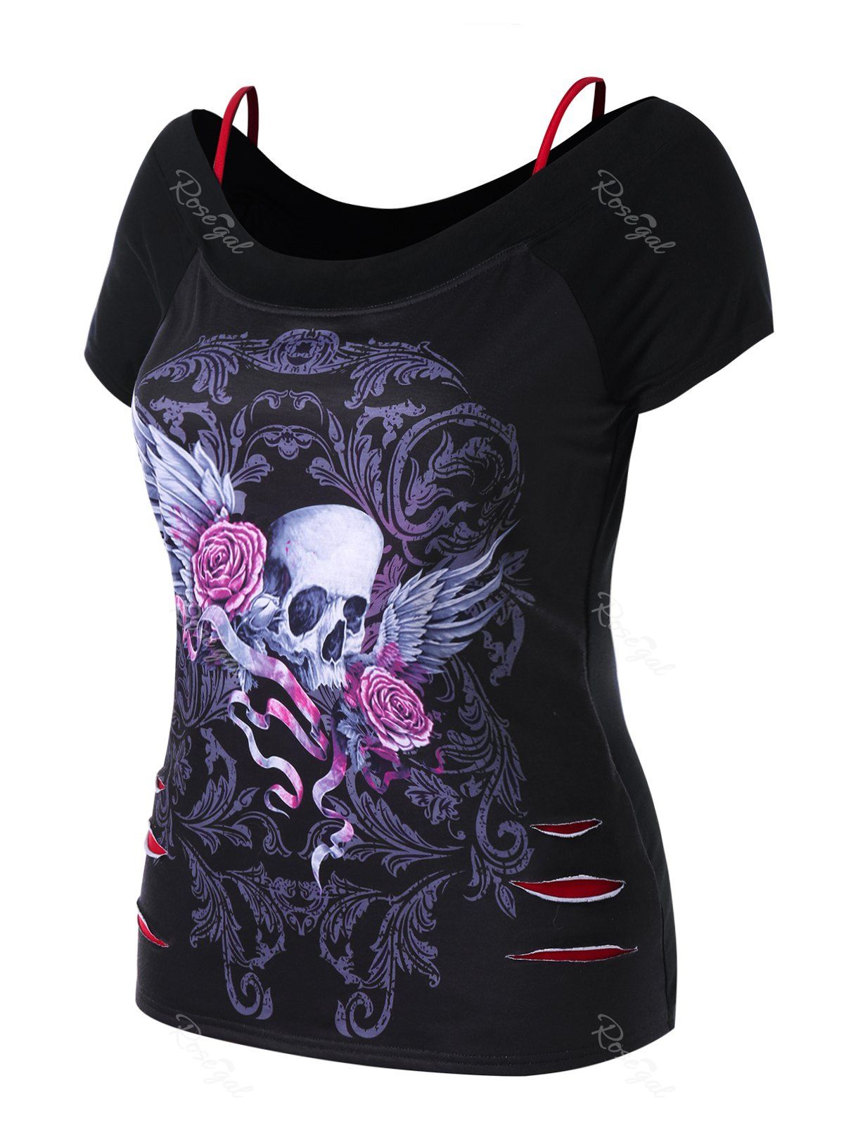 

Plus Size Shredding Skull Baroque Print T-shirt, Black