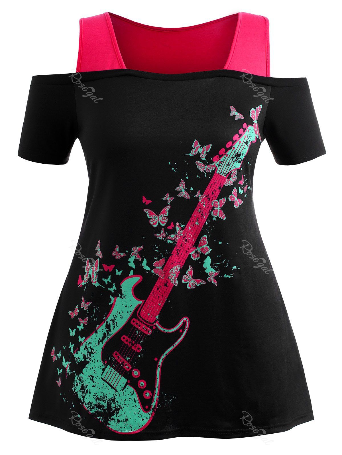 

Plus Size Butterfly Graphic Open Shoulder Tee, Dimorphotheca magenta