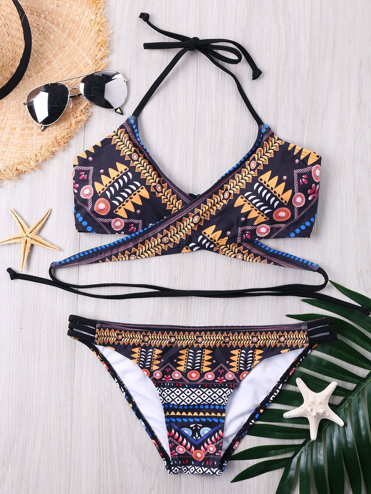 

Tribal Print Wrap Crossover Bikini, Colormix