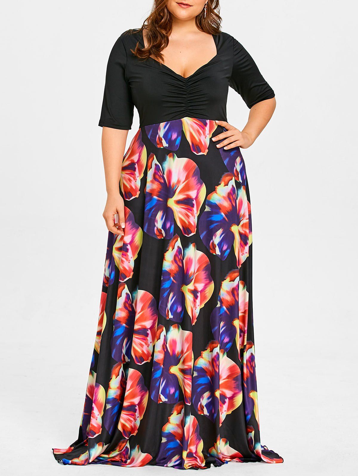

Flower Print Plus Size Maxi High Waisted Dress, Colormix