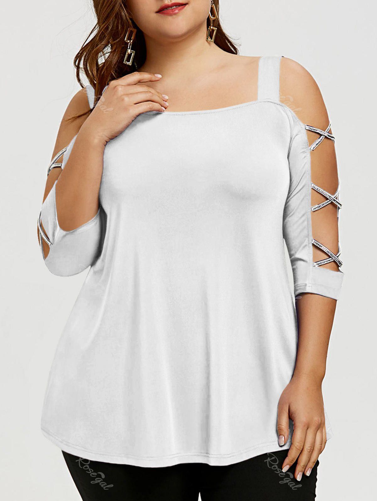 

Plus Size Cut Out Cross Sleeve T-shirt, White