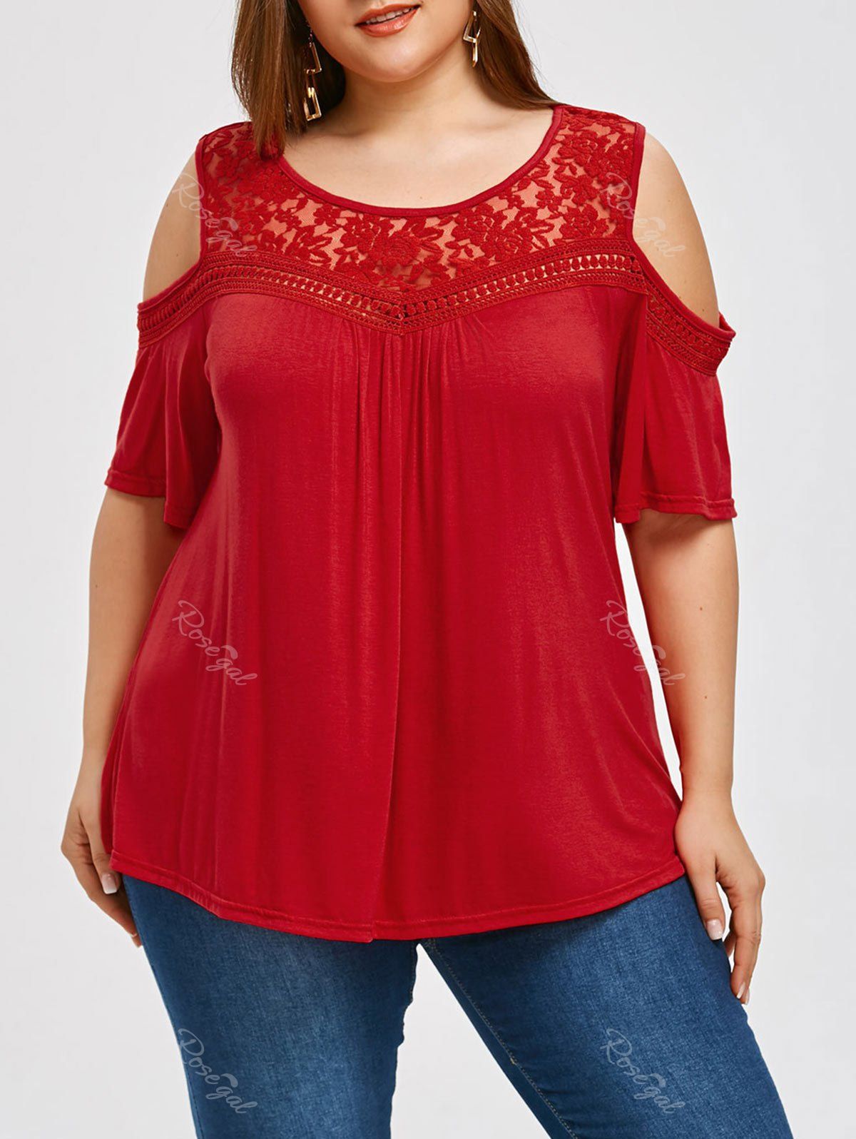 

Lace Panel Plus Size Cold Shoulder T-shirt, Red