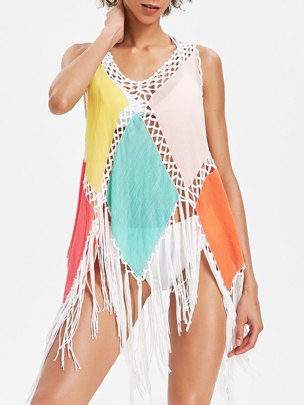 

Color Block Fringed Tunic Cover Up, Yellow