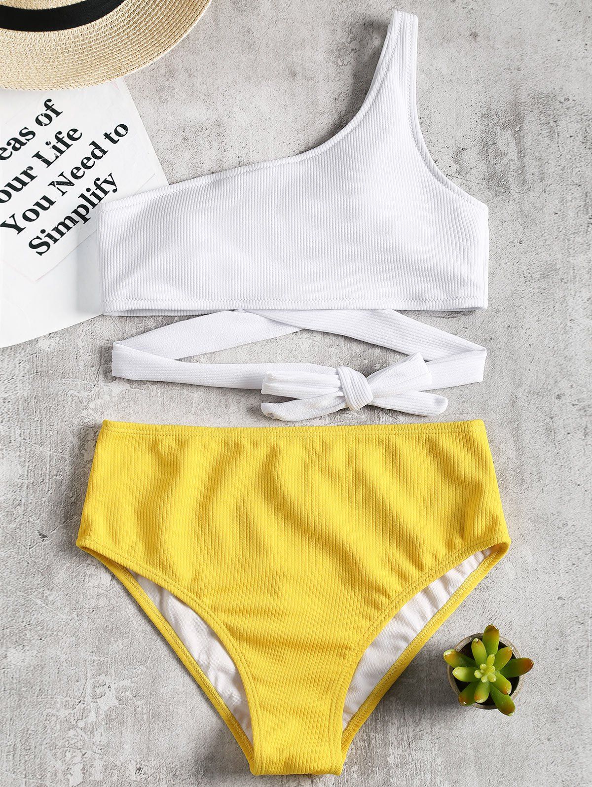 

High Leg One Shoulder Two Tone Bikini, Yellow