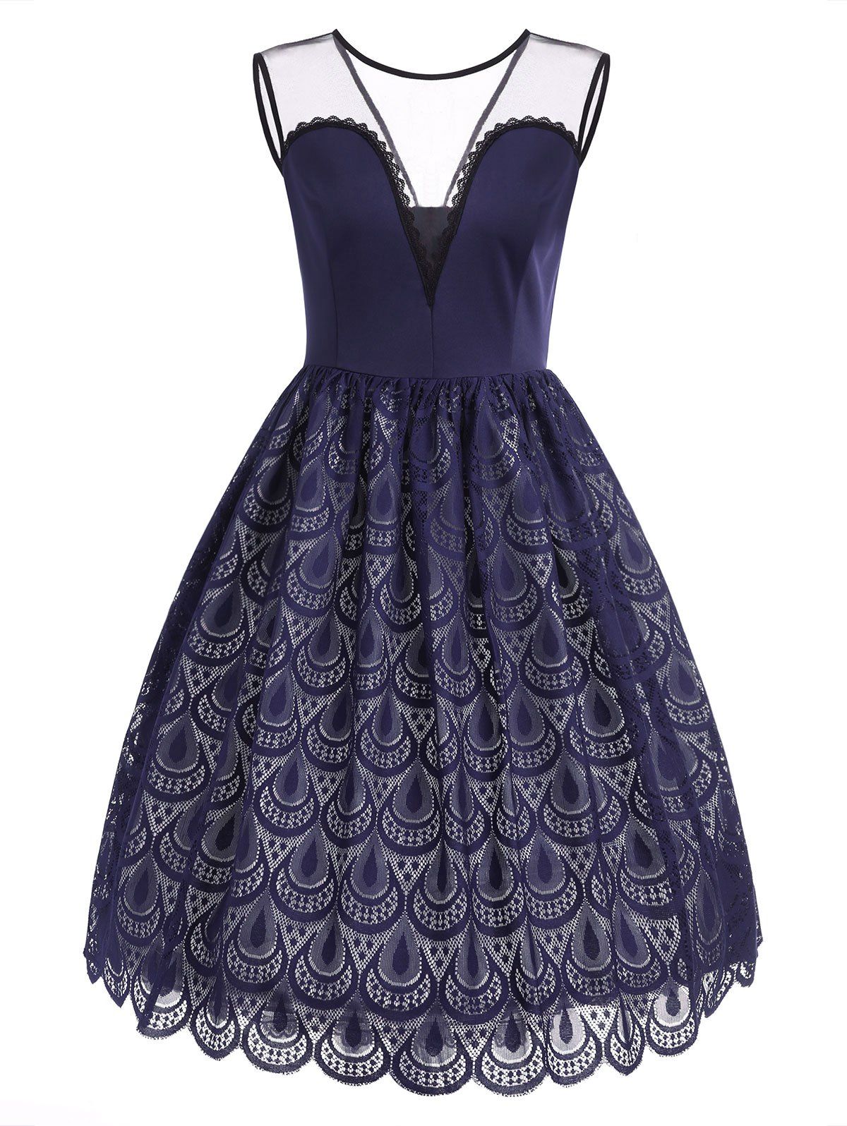 

A Line Lace Peacock Feathers Backless Dress, Blue whale