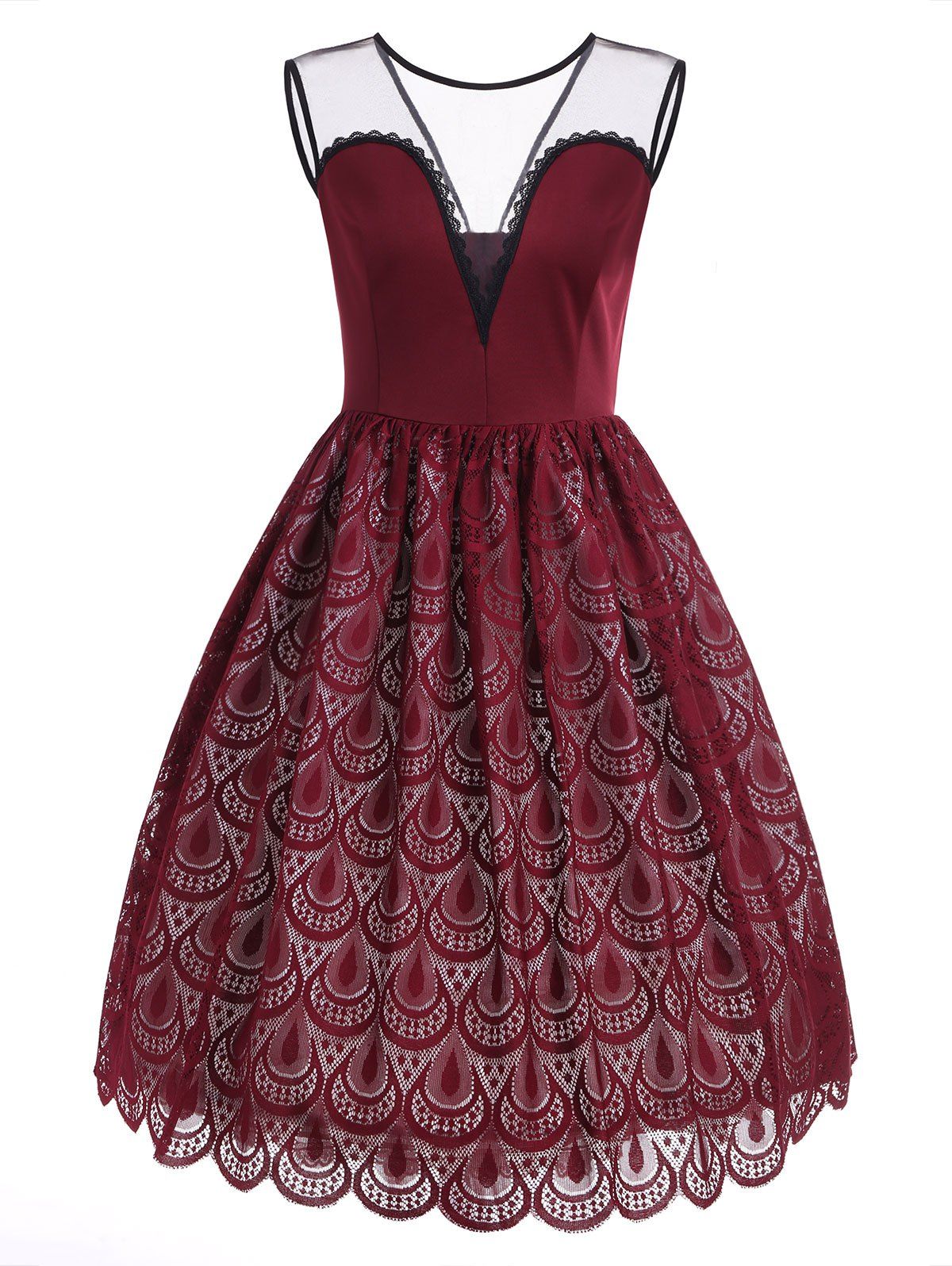

A Line Lace Peacock Feathers Backless Dress, Red wine