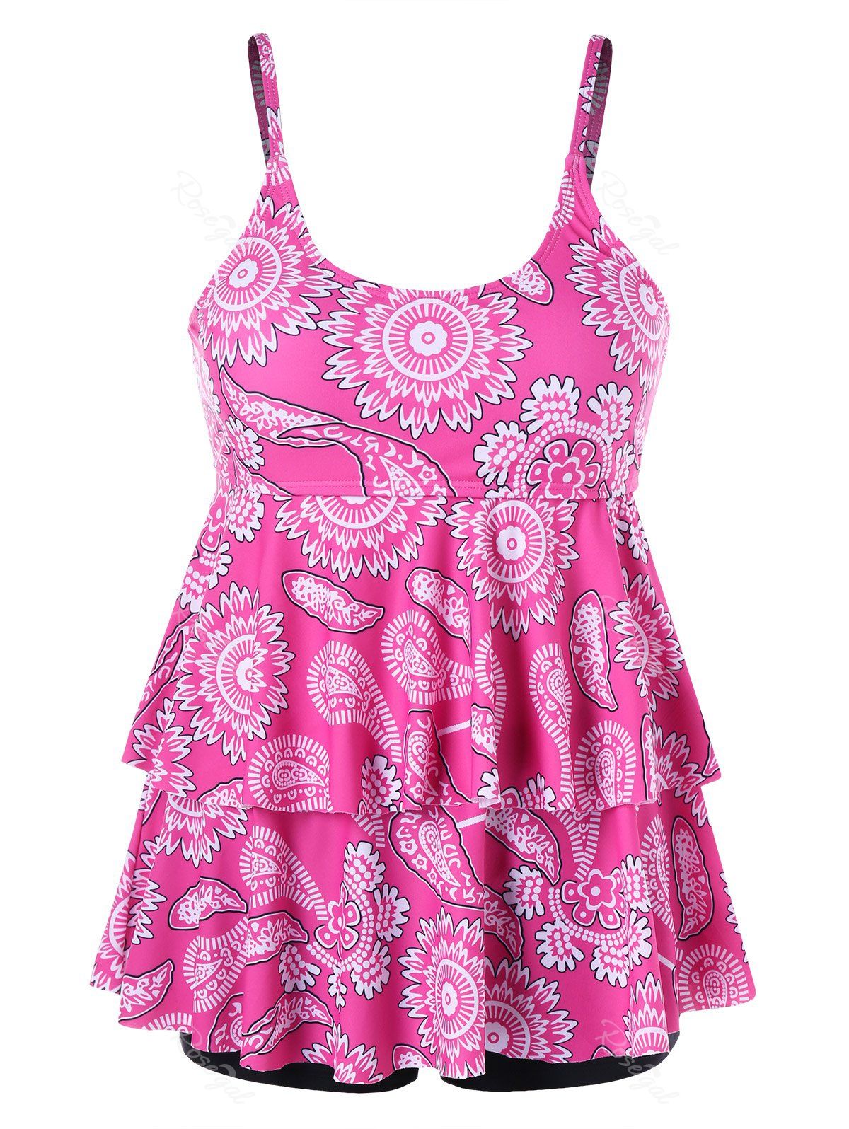

Tier Flounce Printed Plus Size Tankini, Deep pink