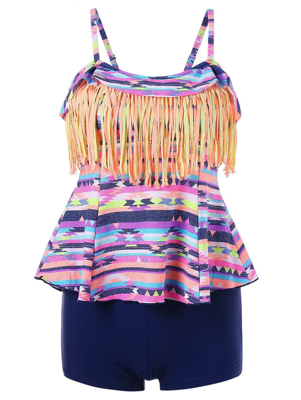 

Peplum Fringed Stripe Boyshort Tankini, Neon pink