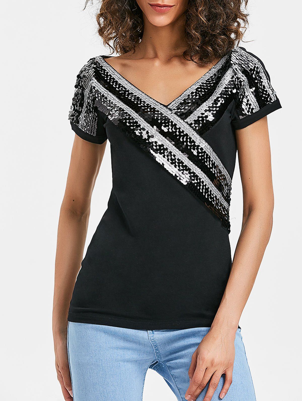 

V Neck Sequined Sparkle Tee, Black