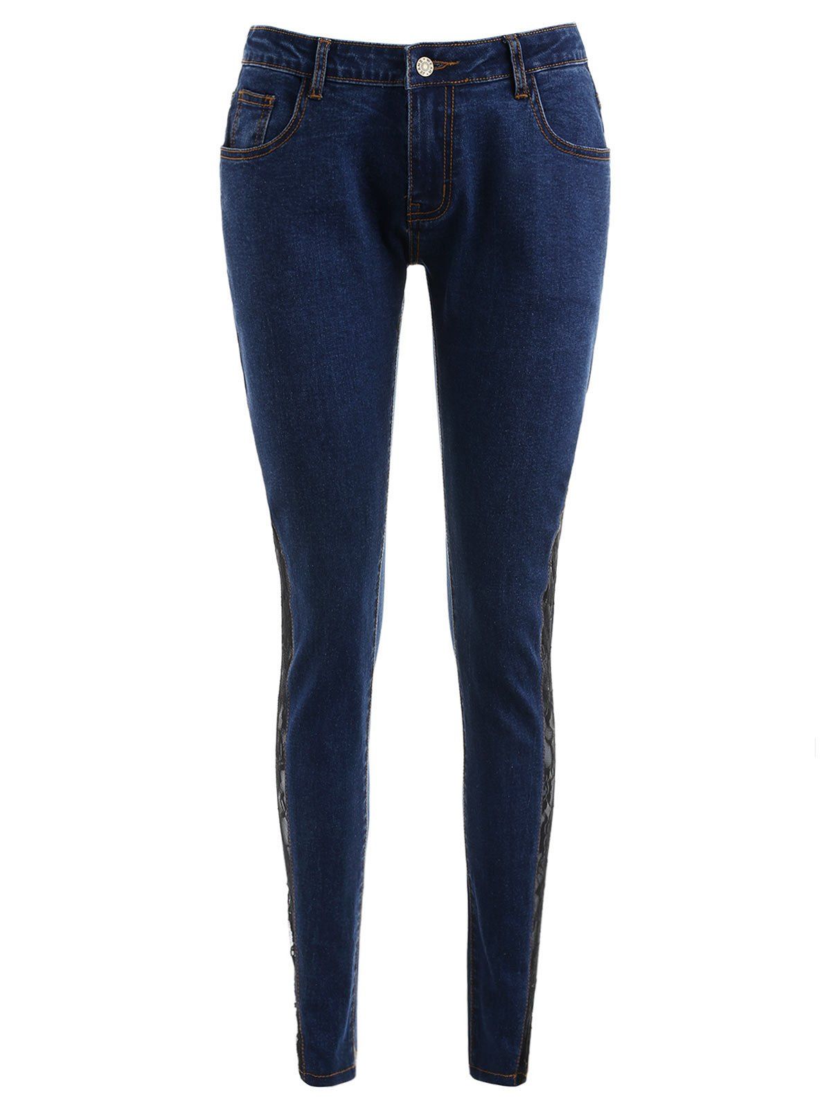 

See Through Lace Panel Jeans, Denim dark blue