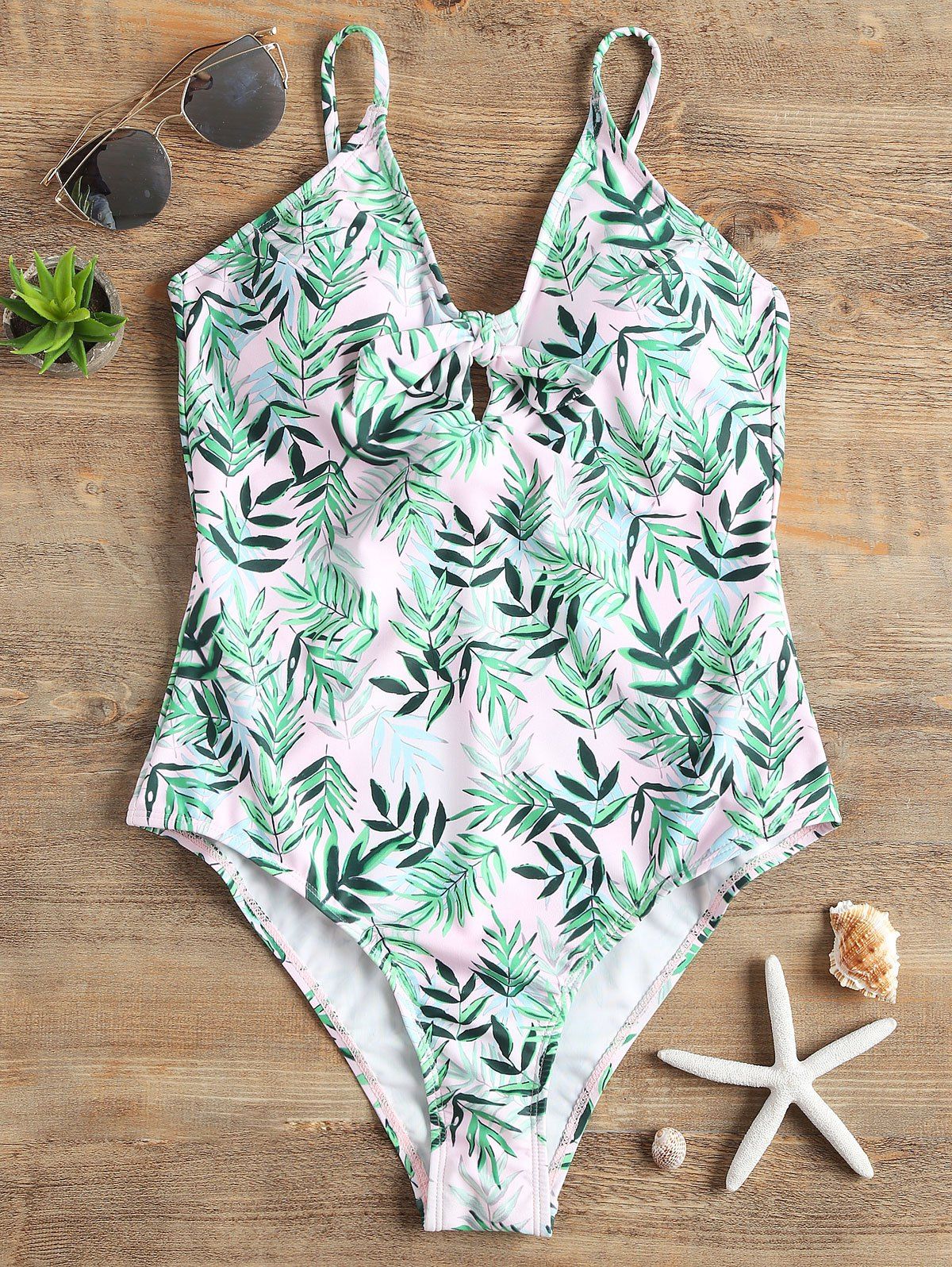 

Leaves Print High Cut Tropical Swimsuit, Light pink