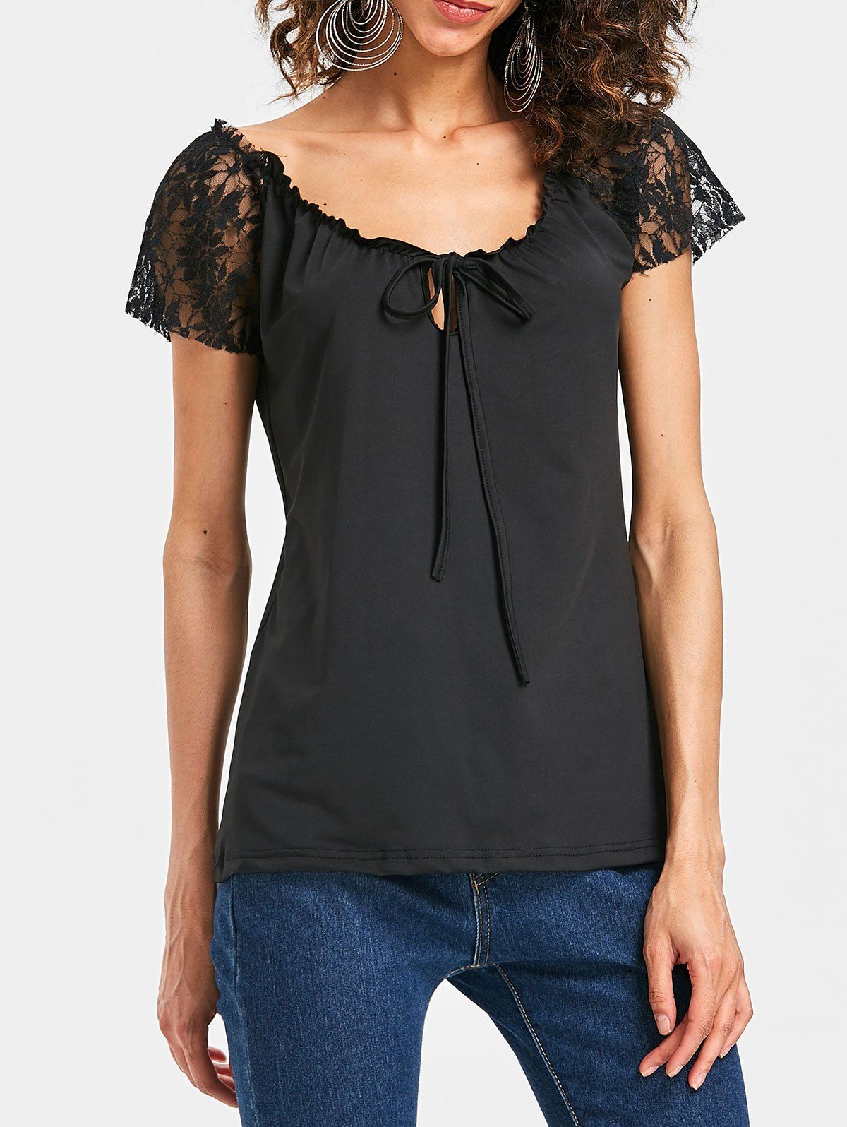 2018 lace sleeve front cut out t shirt in black s 2018 lace sleeve front cut out t shirt in black s