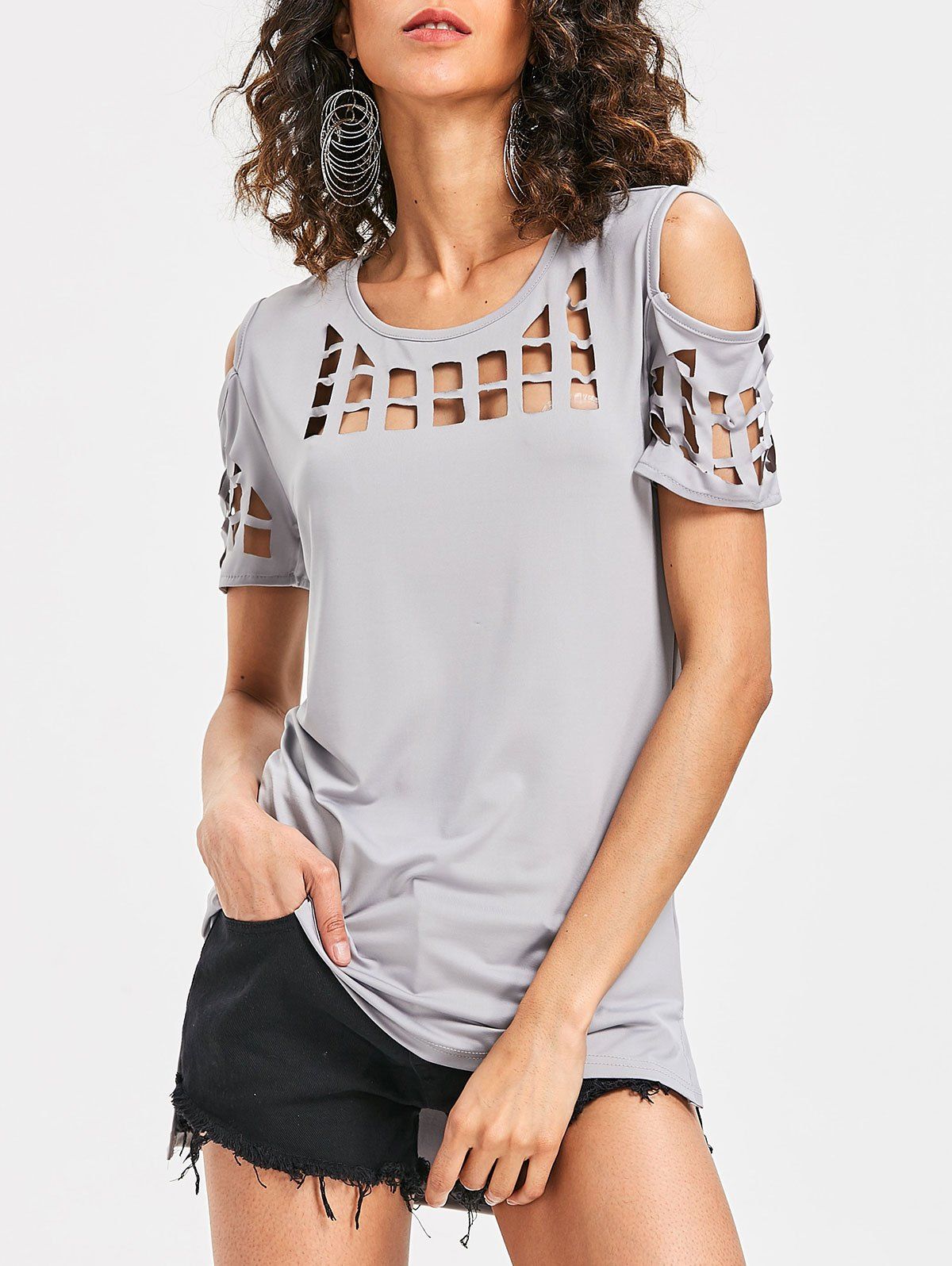 

Cage Cut Out Cold Shoulder Tee, Light gray