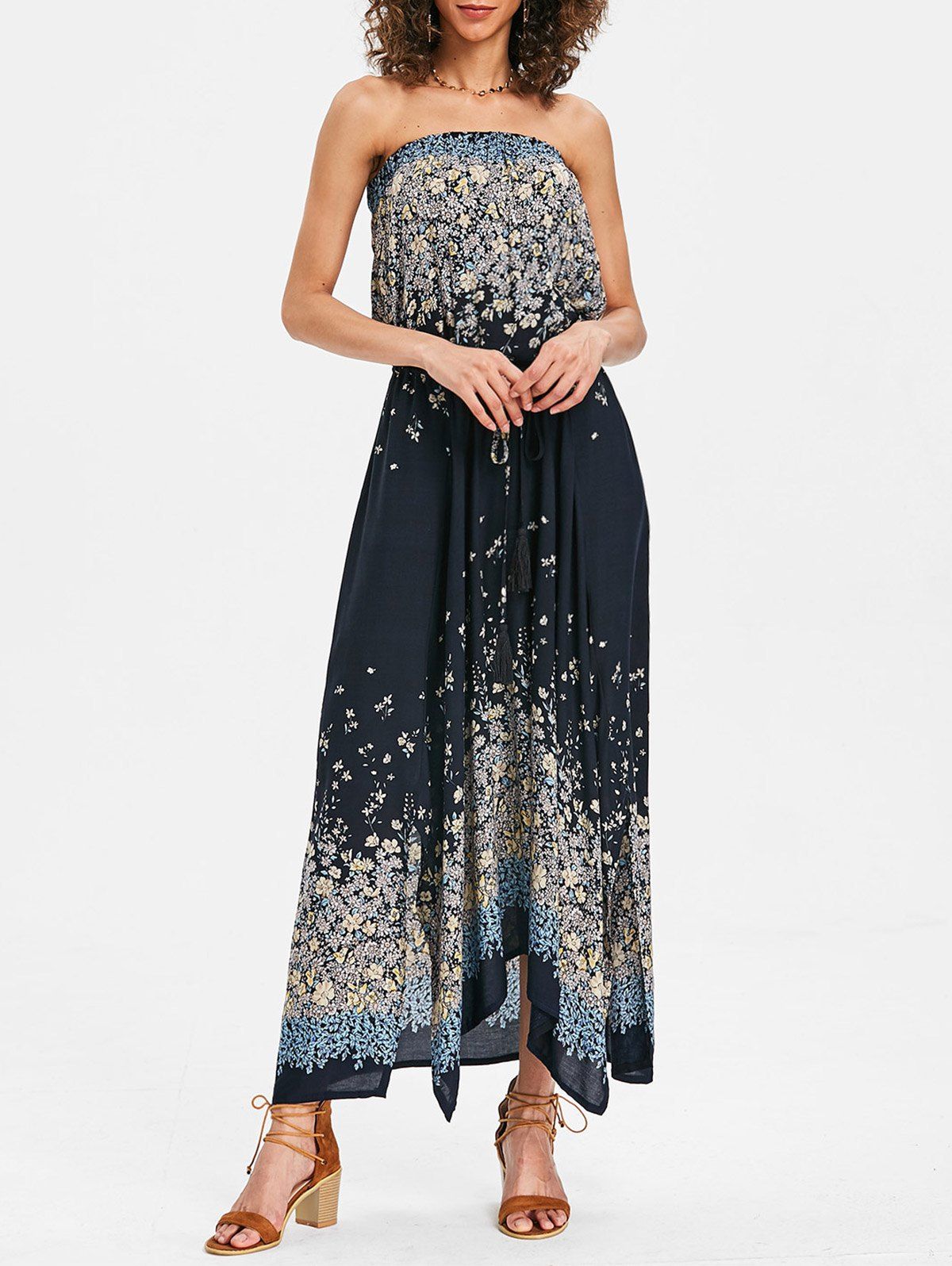 

Flower Print Drawstring Holiday Tube Dress, Deep blue