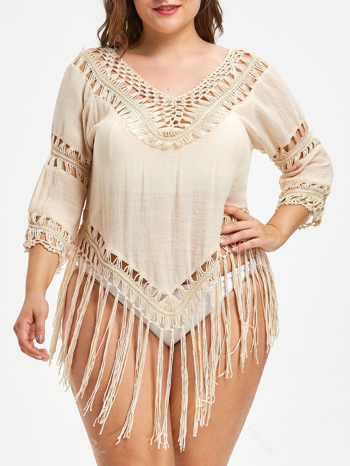 

Asymmetric Plus Size Fringed Cover Up, Light khaki