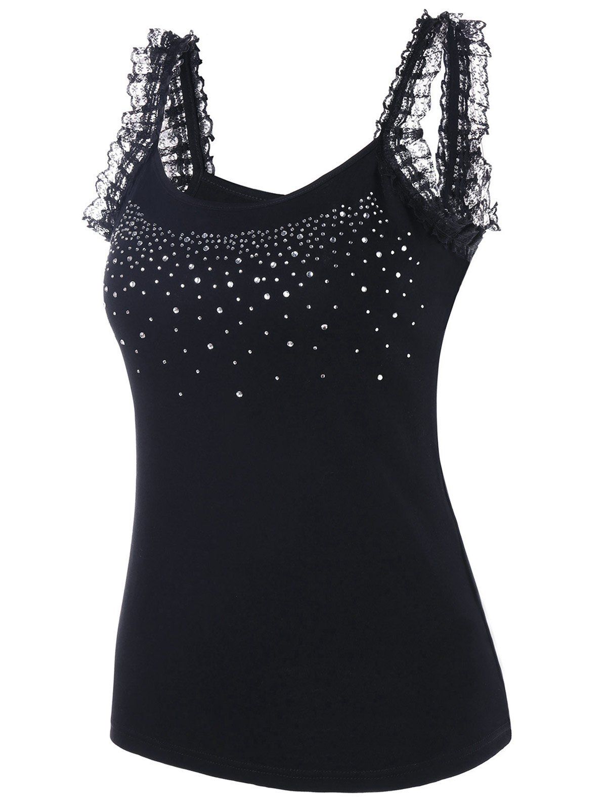 

Rhinestone Lace Panel Tank Top, Black