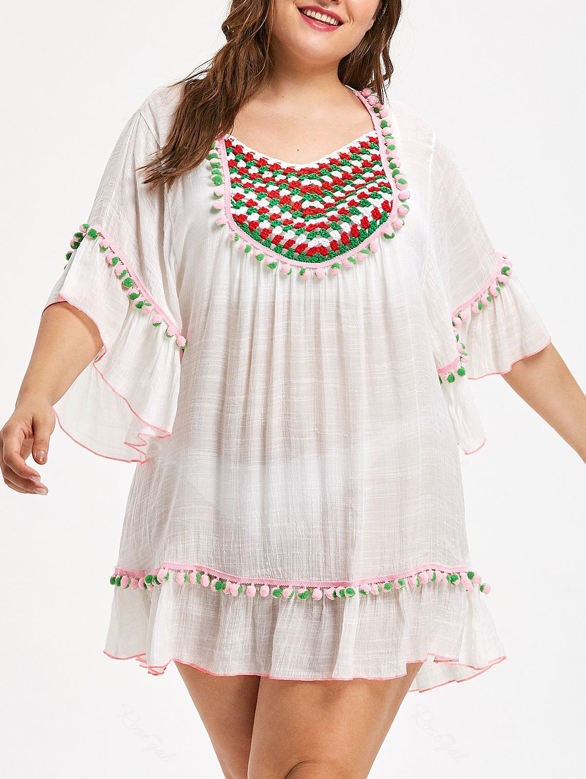 

Plus Size Sheer Pompom Trim Tunic Cover Up, White