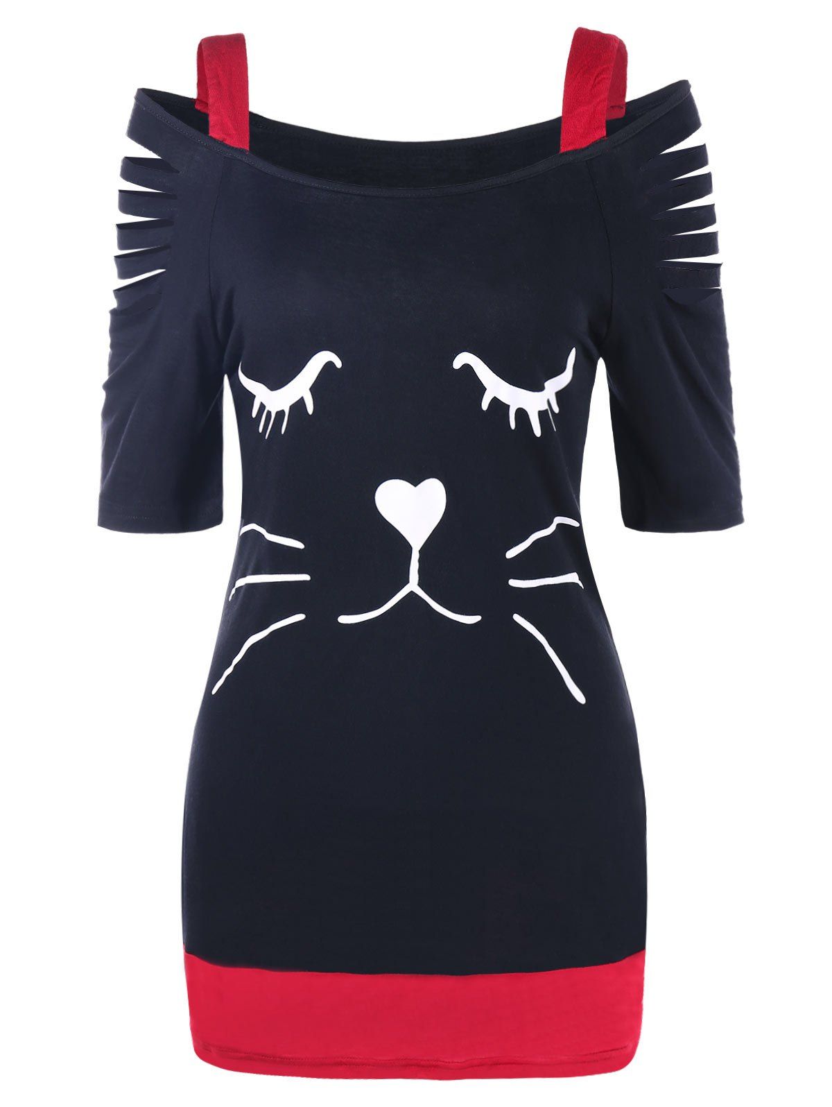 

Cat Face Print Cold Shoulder Tunic T-shirt, Black