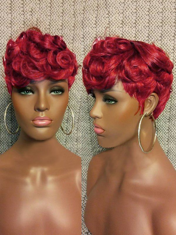 

Short Inclined Bang Layered Big Curly Party Synthetic Wig, Red wine