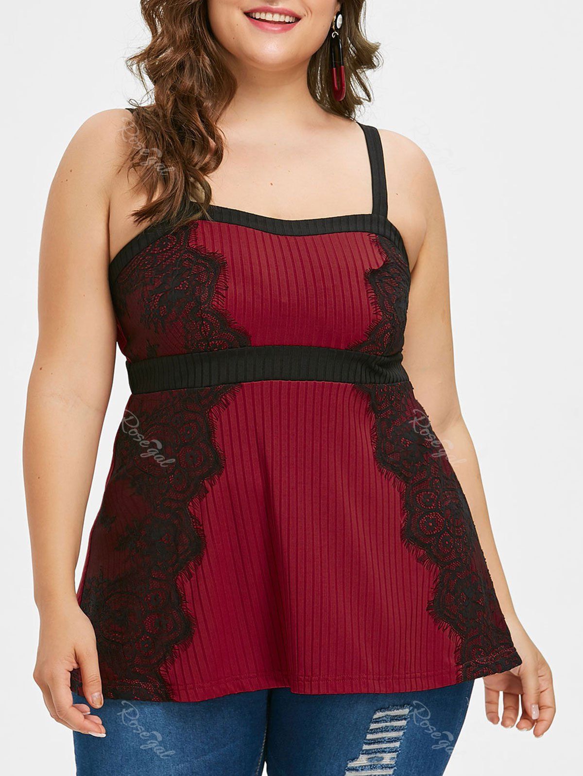 

Plus Size Lace Panel Ribbed Empire Waist Tank Top, Red wine
