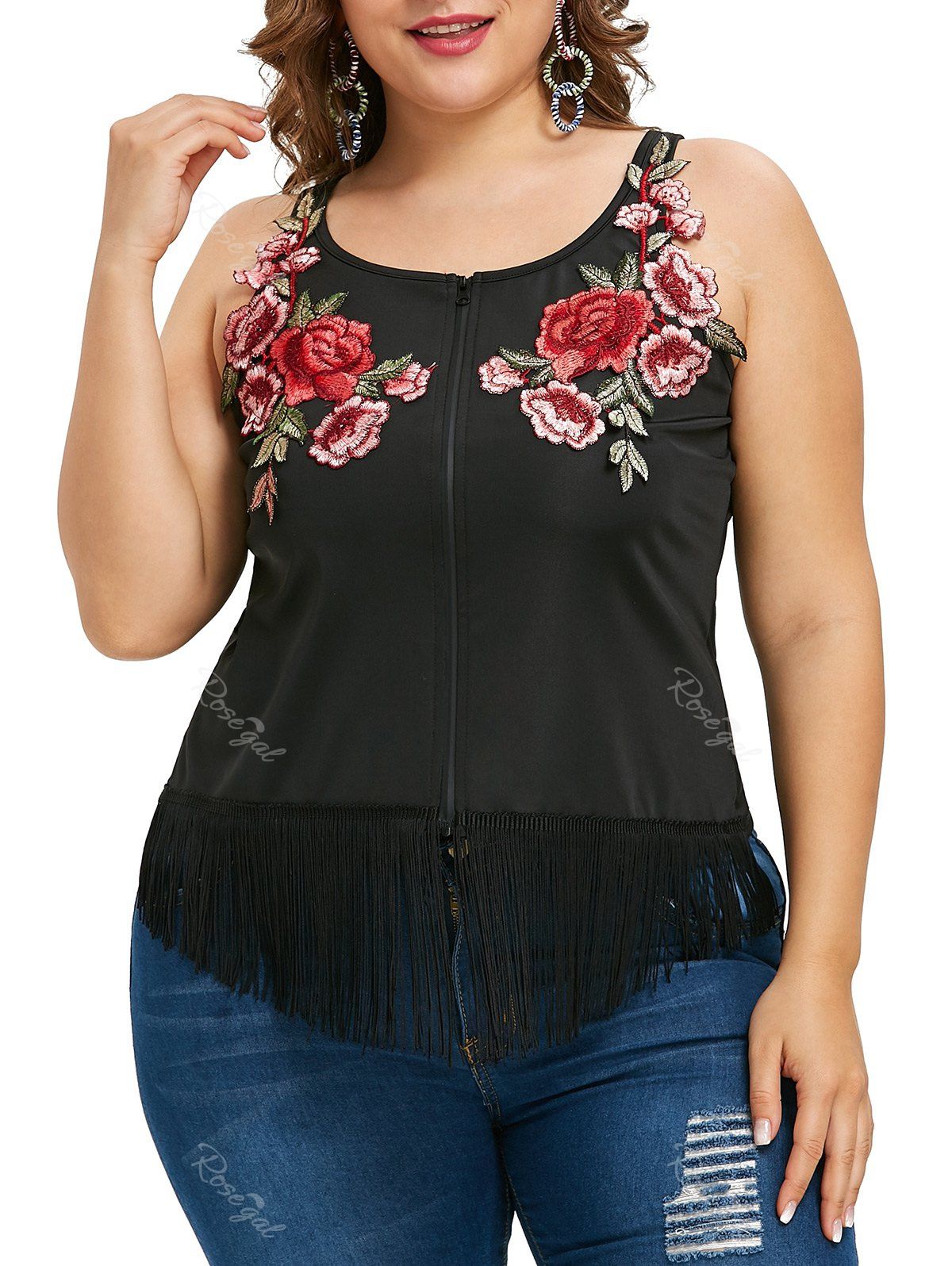 

Plus Size Floral Applique Fringed Tank Top, Black