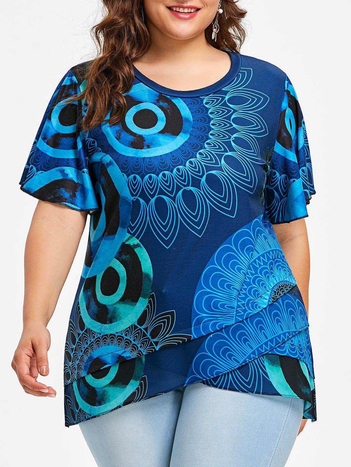 

Plus Size Overlap Ethnic Print T-shirt, Blue