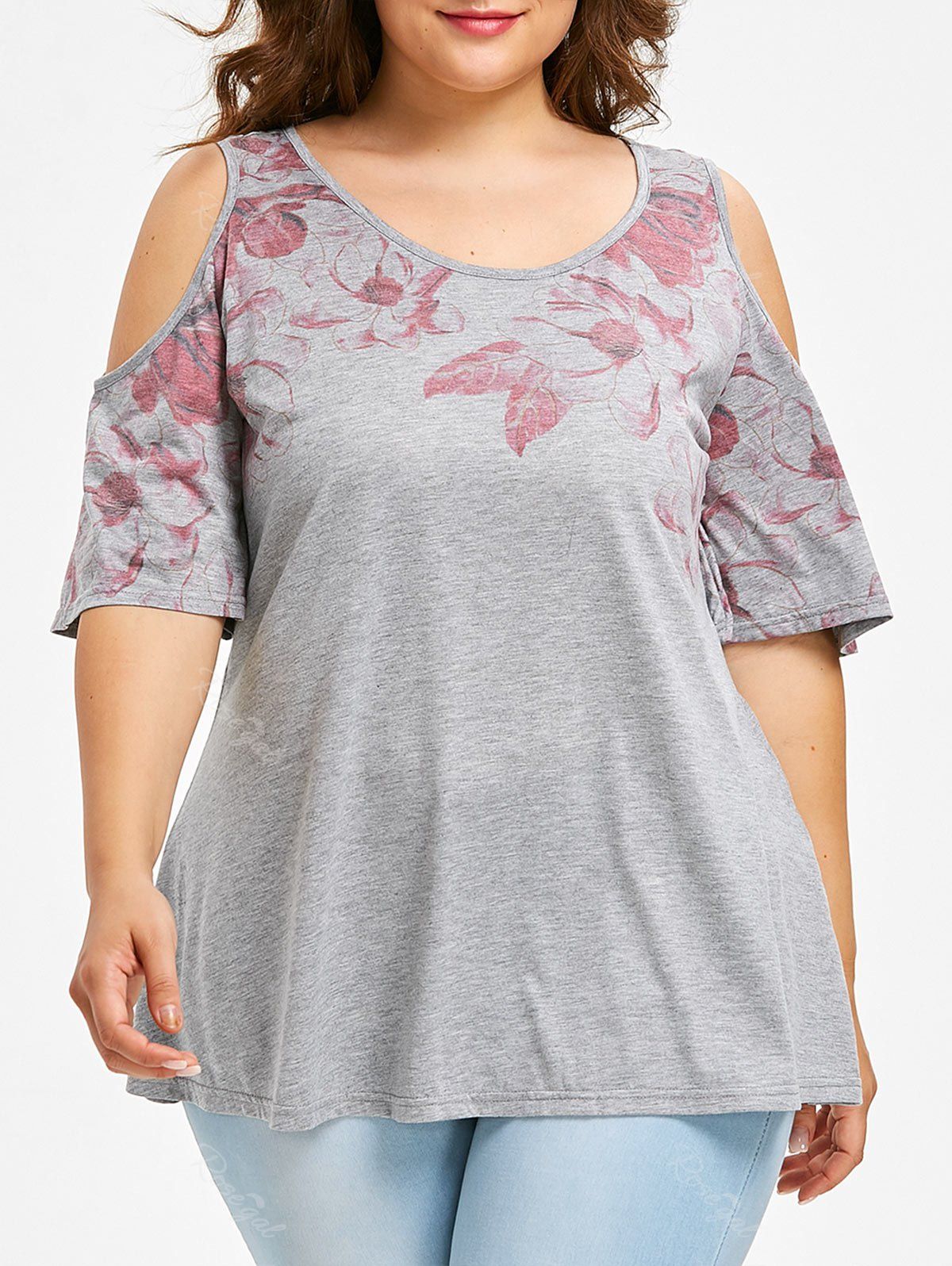 

Plus Size Cold Shoulder Floral T-shirt, Light gray