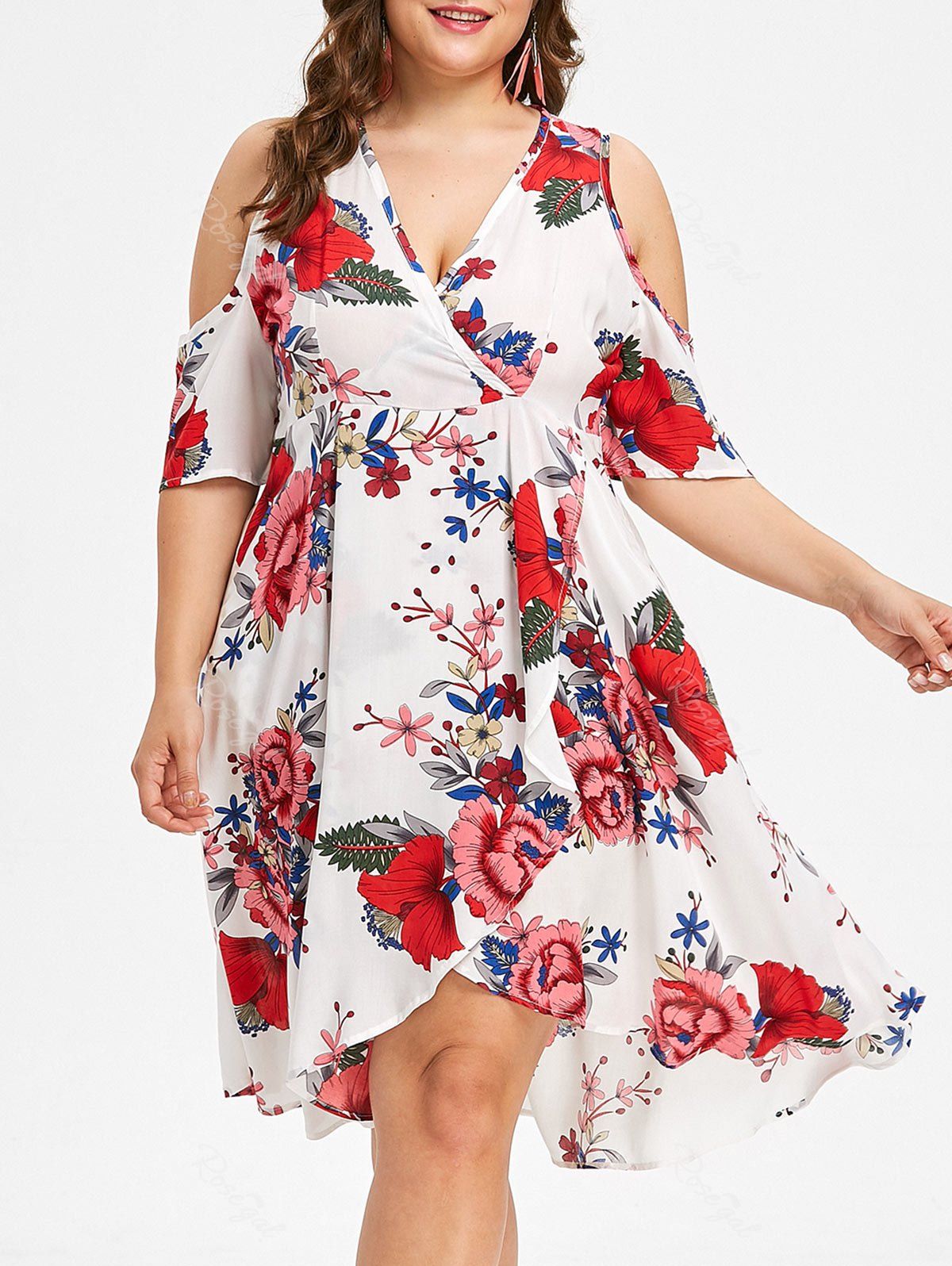 

Cold Shoulder Plus Size Floral Surplice Dress, White