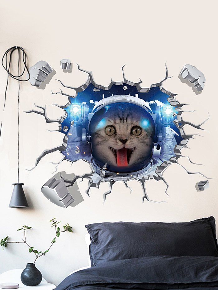 

Cat Astronaut Pattern Broken Wall Sticker for Living Room, Multi