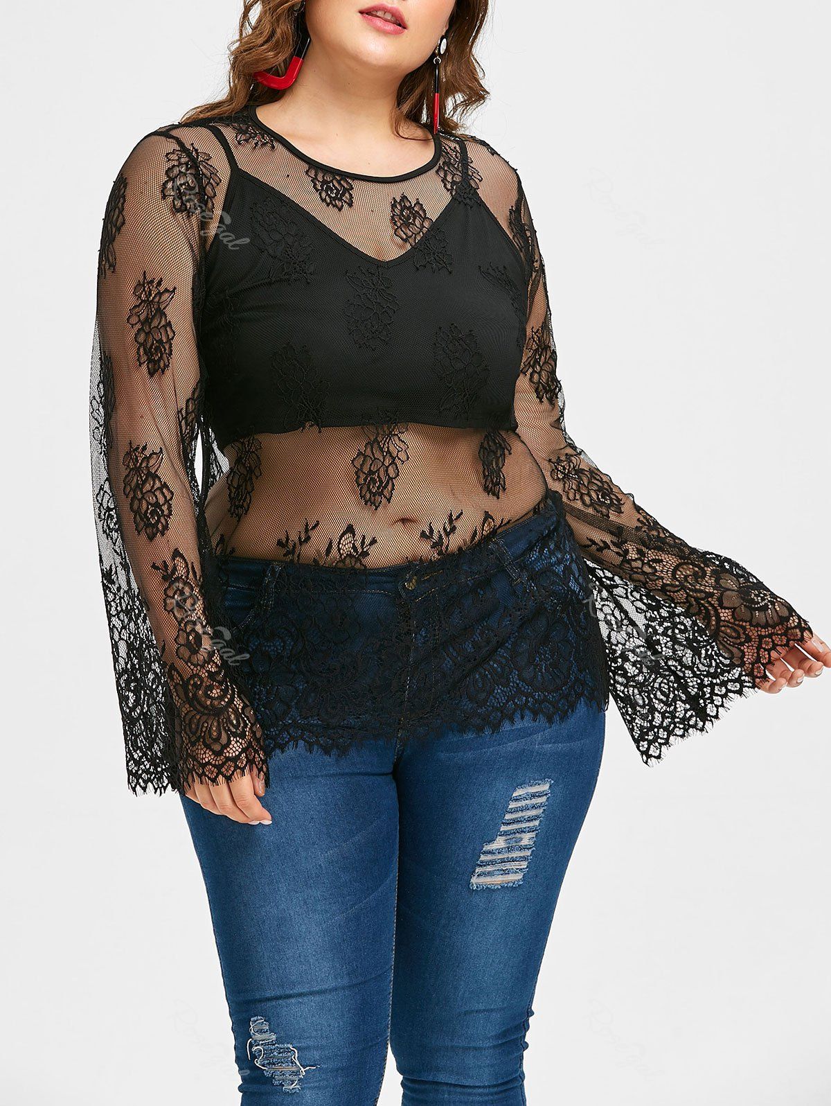 2019 sheer lace inset striped plus size shirt