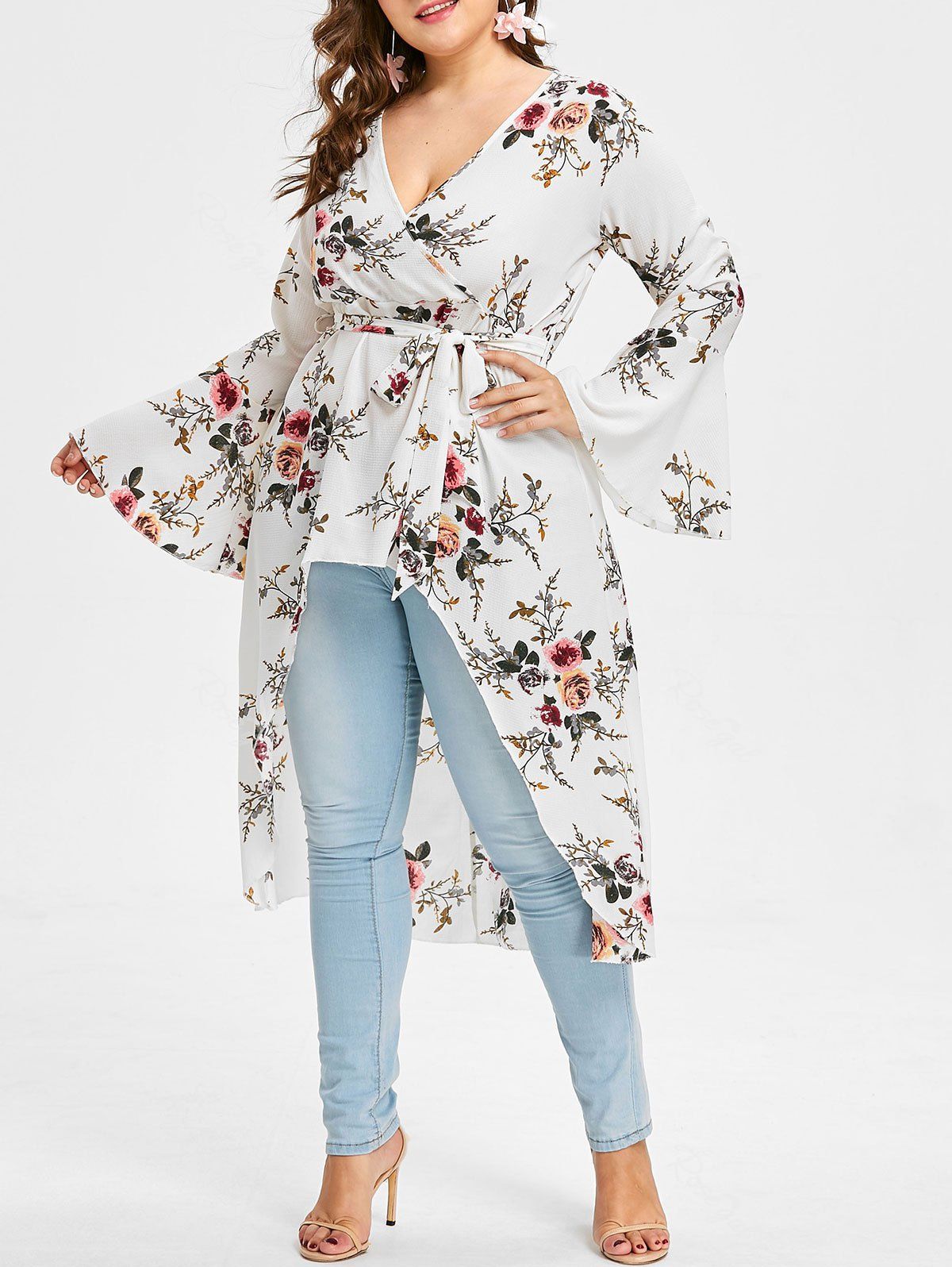 

Plus Size High Low Floral Blouse, White