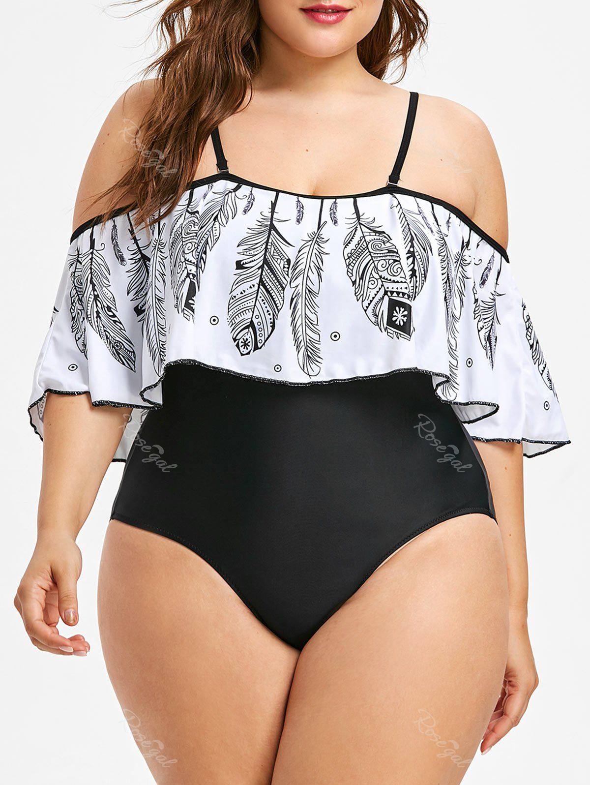 Shops Plus Size Feather Print Flounce Swimsuit  